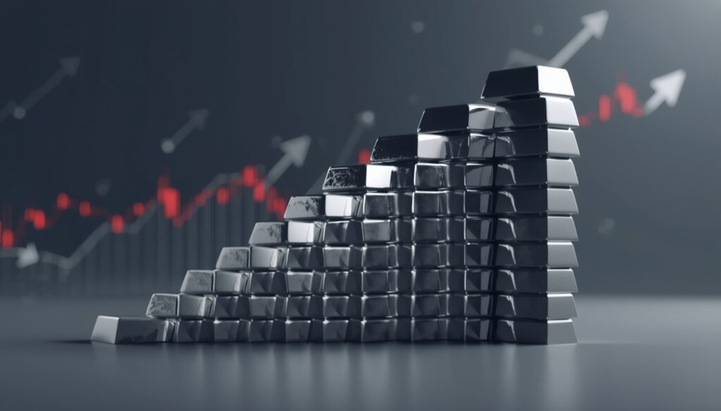 Silver prices rising globally with stacked silver bars and upward trend